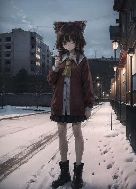 anime girl in a red coat and black boots standing in the snow