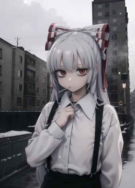 anime girl with grey hair and a bow tie standing in the rain