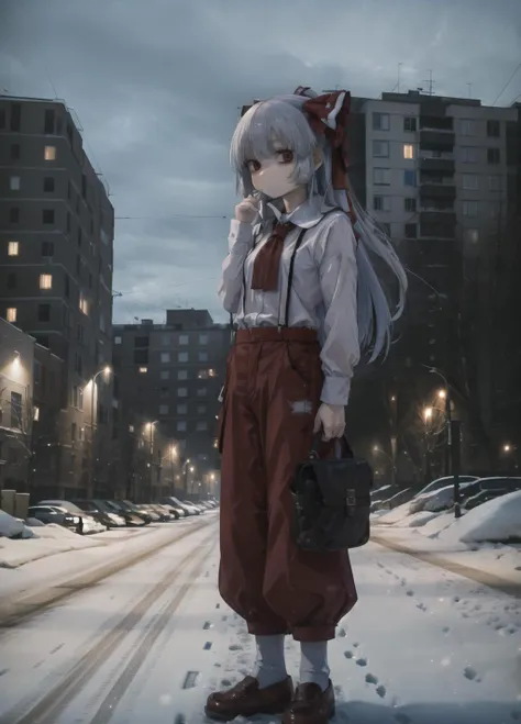 anime girl in red dress standing in the middle of a snowy street