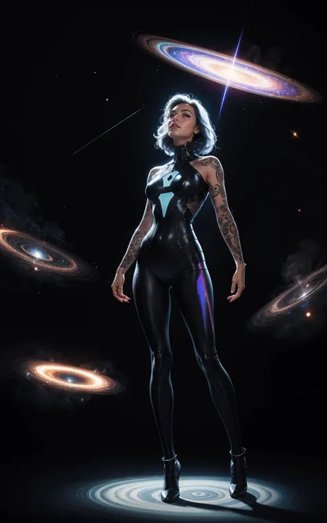 a woman in a black suit standing in front of a galaxy