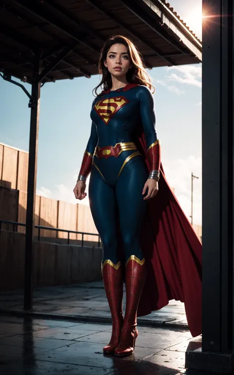 a woman in a superman costume standing in a building