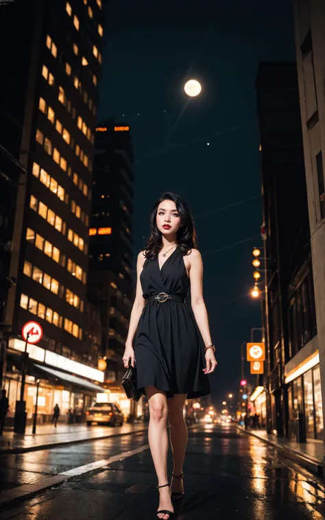 a woman in a black dress walking down a wet street