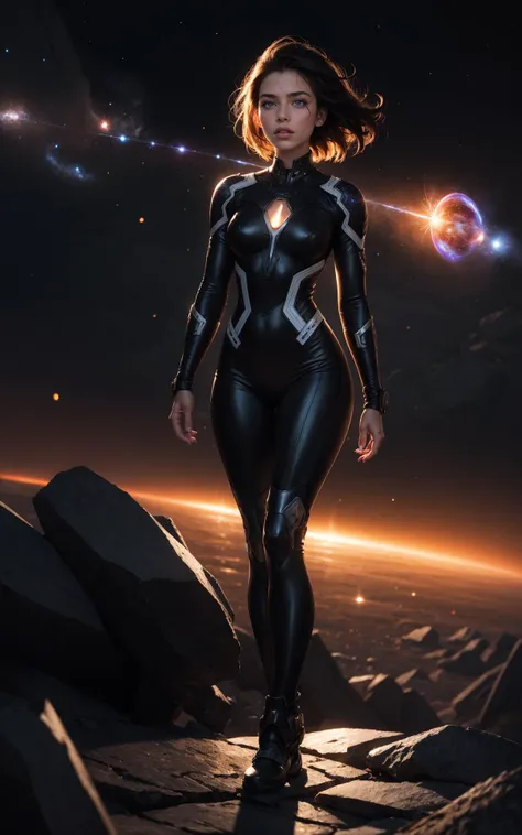 a woman in a black suit standing on a rock with planets in the background