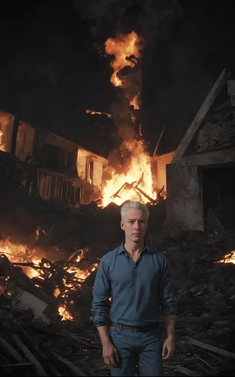 a man standing in front of a fire that is burning