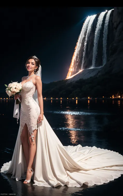 a woman in a wedding dress standing in front of a waterfall