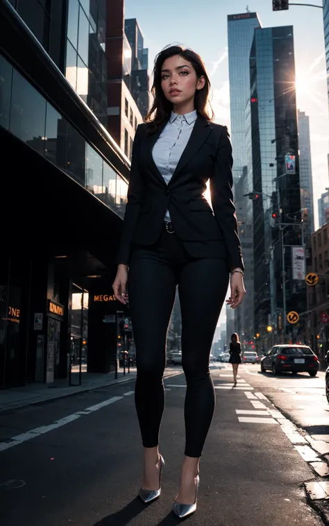 woman in black suit and heels walking down a city street