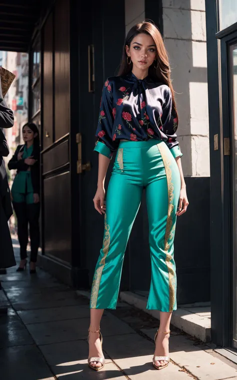 a woman in green pants and a black shirt standing on a sidewalk