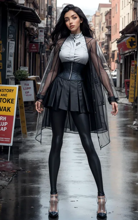 a woman in a black skirt and sheer jacket standing on a wet street