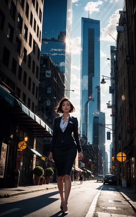 woman in business attire walking down a city street in the sun