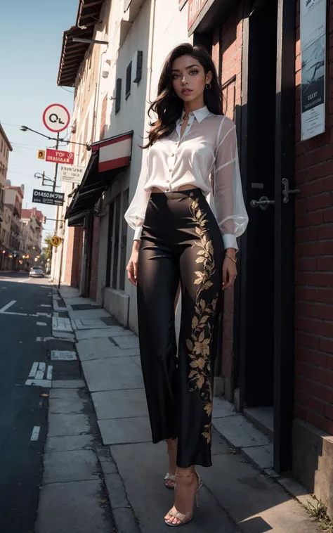 a woman standing on a sidewalk in a white shirt and black pants