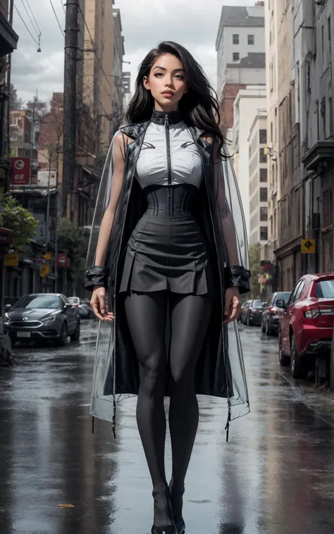 araffe woman in black leather outfit walking down a wet street