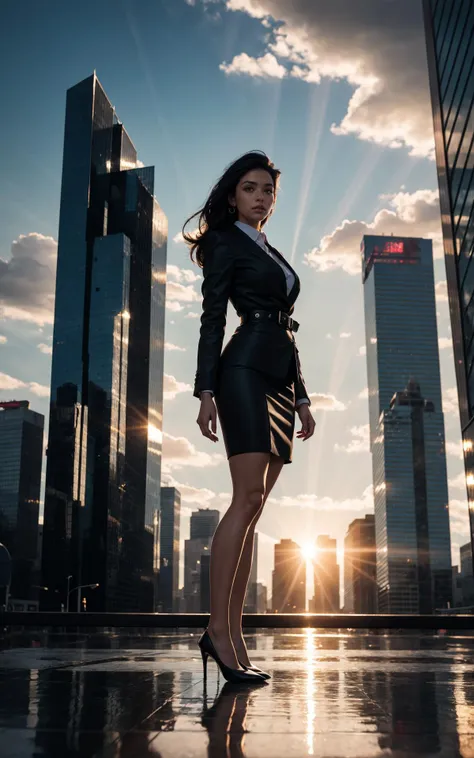 arafed woman in a black dress and high heels standing in front of a city skyline