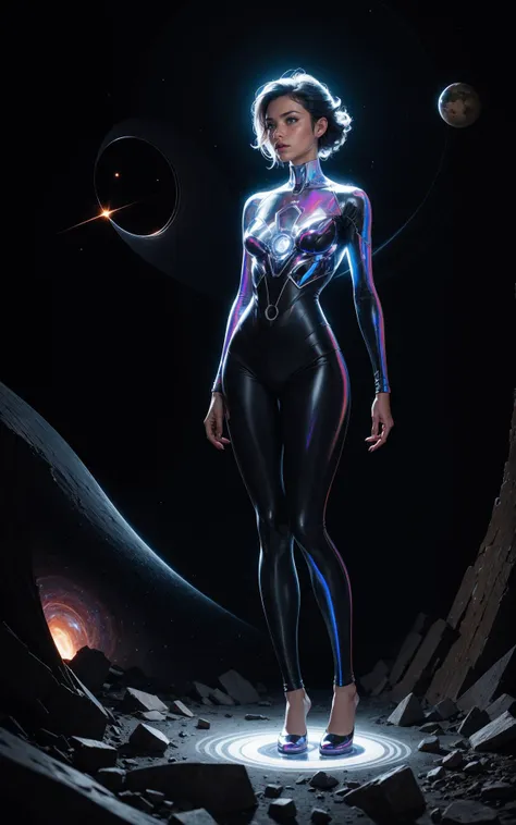 a woman in a futuristic suit standing in front of a planet