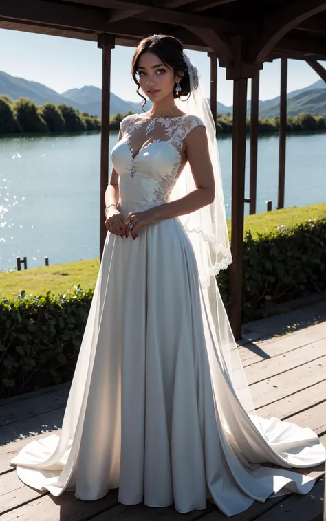 a woman in a wedding dress standing on a deck near a lake