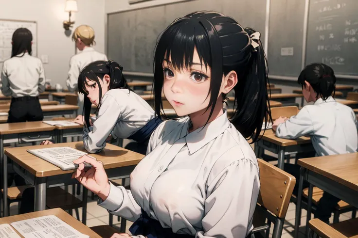 (16k,masterpiece, best quality, ultra detailed, perfect lighting, incredibly absurdres :1.5) , 1teacher ,  standing,   (in the crowded classroom:1.4) , in a old school, 
( covered nipples:1.5),   daytime, eyelashes, oily skin,
 (blush, embarrassed, orgasm ...