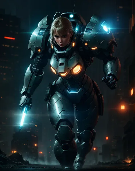 close up shot of 1 Parrley_armor, a woman in a suit of armor ,wearing Parrley_armor, big bulky futuristic armor, serious looking, glowing armor, missiles, lasers,
(battle stance, action pose, running, ), epic scene
city ruin, explosions, smokes, dark, dim ...