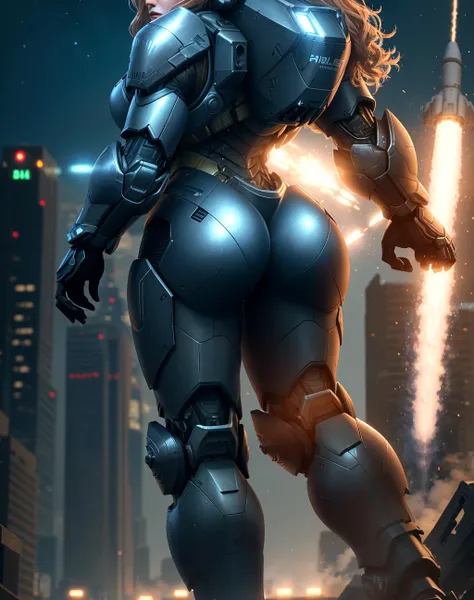 4K, Masterpiece, highres, absurdres,photorealistic, Parrley_armor, a woman in a suit of armor ,wearing Parrley_armor, big bulky futuristic armor, running, moving, rocket propulsion,((from the side))<lora:ParrleyFLEX:0.7>