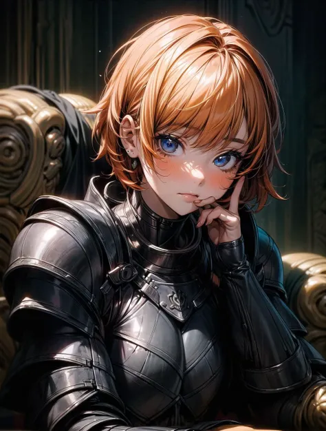 (masterpiece, best quality), (1girl, solo), a woman wearing black Parrley_armor, <lora:Parrley1:0.7>, sitting , chubby face, short hair, orange hair,  <lora:add_detail:1.5>, close up, upper body