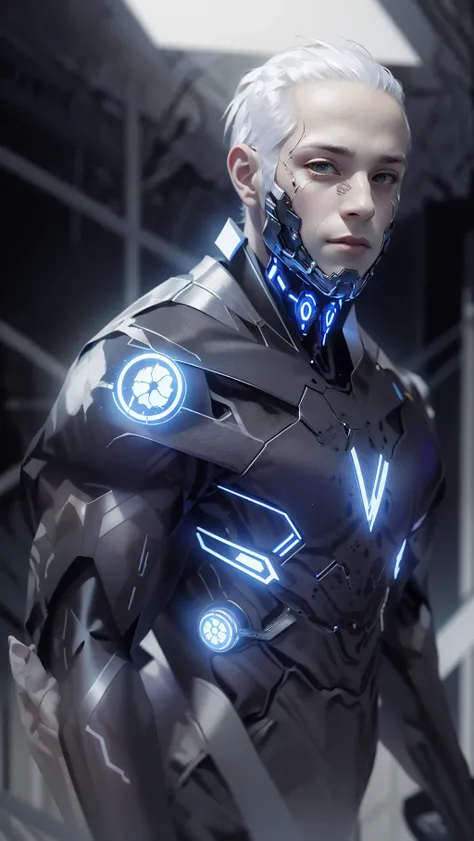 a close up of a person in a futuristic suit with a light on