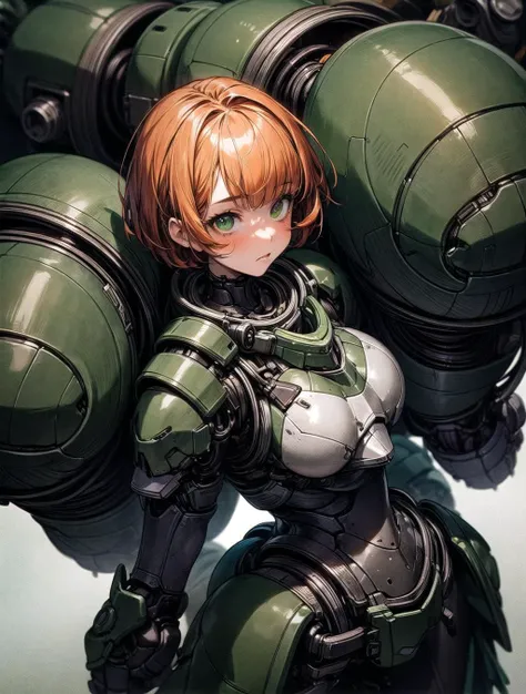 (masterpiece, best quality), (1girl, solo), a woman wearing black Parrley_armor, chubby face, short hair, orange hair, green eyes, dead eyes, <lora:add_detail:1.5>, close up, standing, big bulky futuristic armor<lora:Parrley1:0.8>