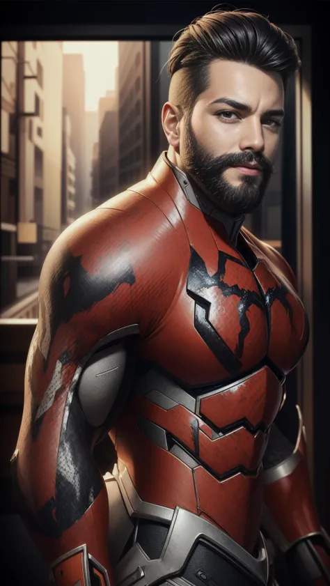 Masterpiece, high quality, ultra detail, RAW, black and red Spider-Venom mecha suit, running, spider logo on the breast of mecha armor, full body, big arms, 1 boy, beard, open smiling, big muscle, undercut hairstyle, black hair, brown eyes, pale skin, dram...