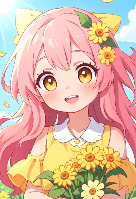 a close up of a girl holding a bunch of flowers