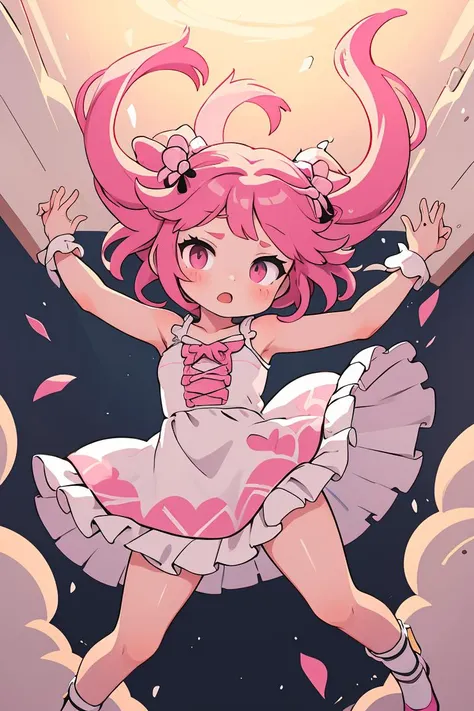 a cartoon girl in a pink dress is flying through the air