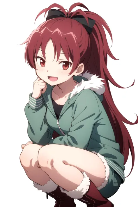 1girl, solo, masterpiece, best quality,
        <lora:kyouko-madomagi-01:0.6>,
        casual, fur trim, mahou shoujo madoka magica, sakura kyouko, sakura kyoko, kyouko sakura, red eyes, tsurime, red hair, long hair, ponytail, hair bow, black bow, collarbo...