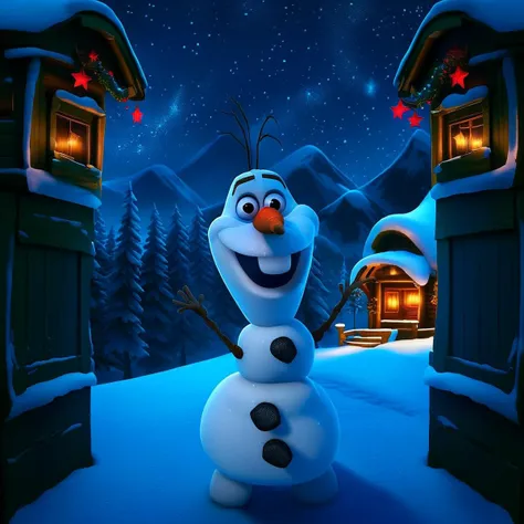 a close up of a snowman standing in front of a house