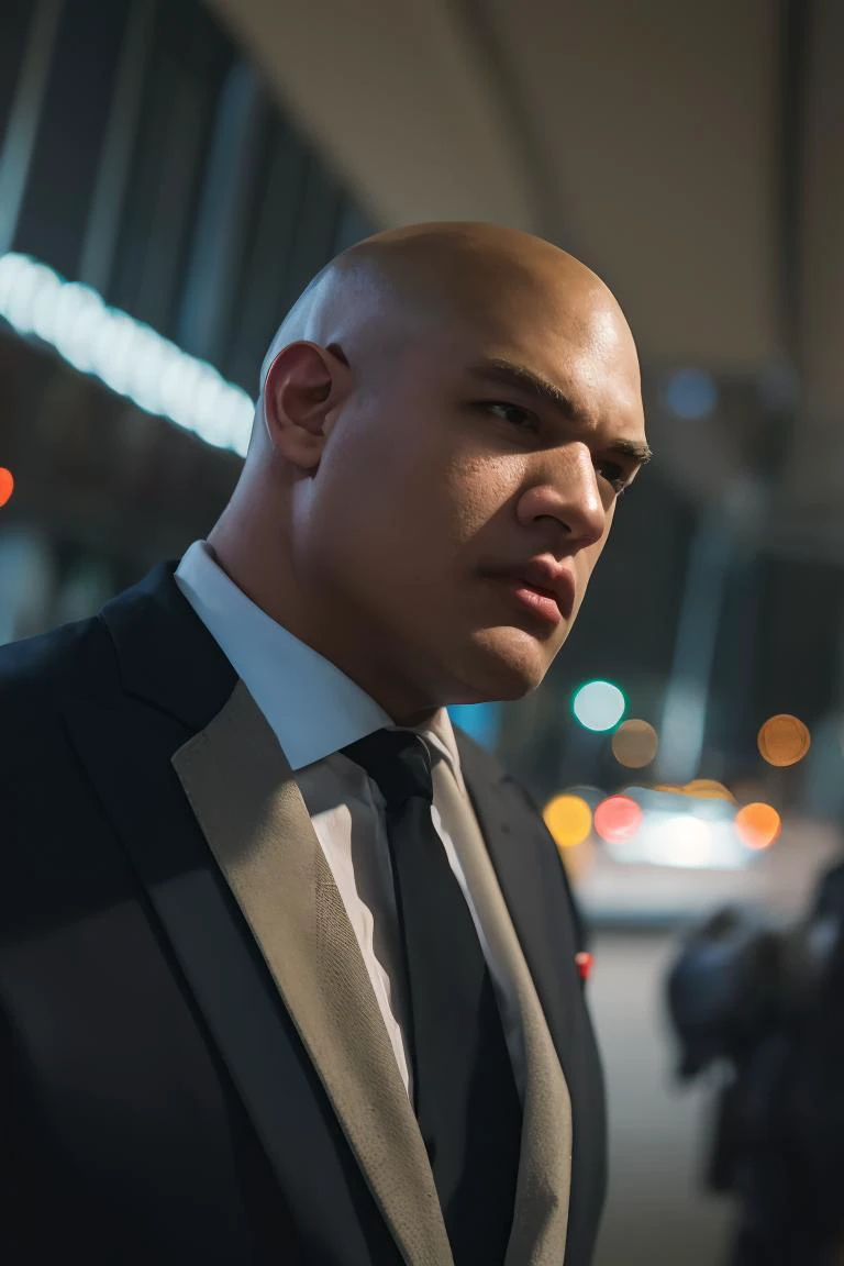 cinematic photo a kingpin of crime As Kingpin/Wilson Fisk,a powerful mob boss in New York City and a thorn in the side of Spider-Man,Daredevil,and other heroes.,Bald head and white suit,reflecting his cool demeanor and control over the criminal underworld....