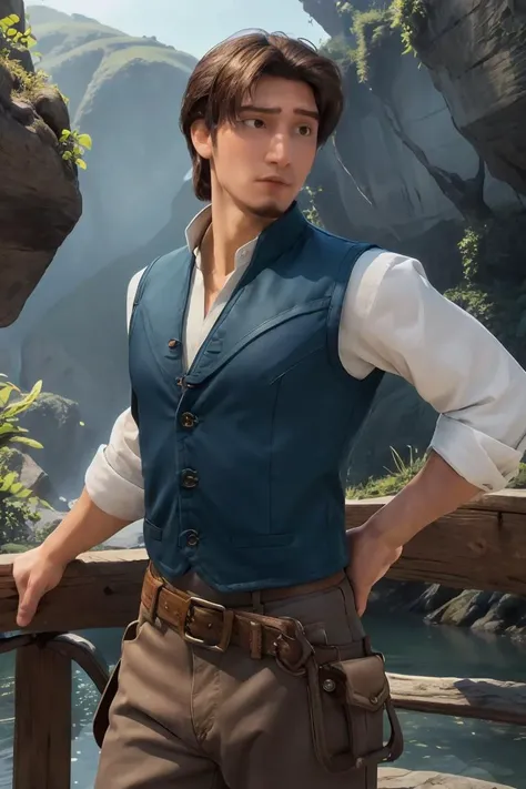 <lora:more_details:0.3>,<lora:GoodHands-beta2:1>,masterpiece,best quality:1.2,flynn_rider,muscular,brown hair,goatee,shirt,sleeves rolled up,blue vest,landscape,belt,pants,looking at you,<lora:flynn_rider:0.65>,