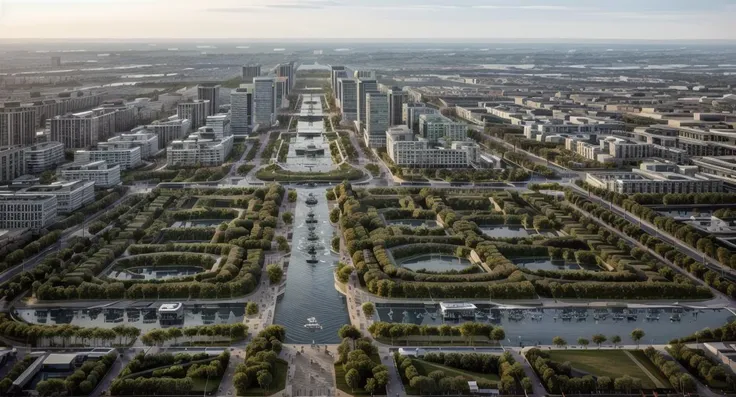 a view of a city with a river and a park in the middle