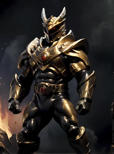 a close up of a man in a gold armor suit standing in front of a fire