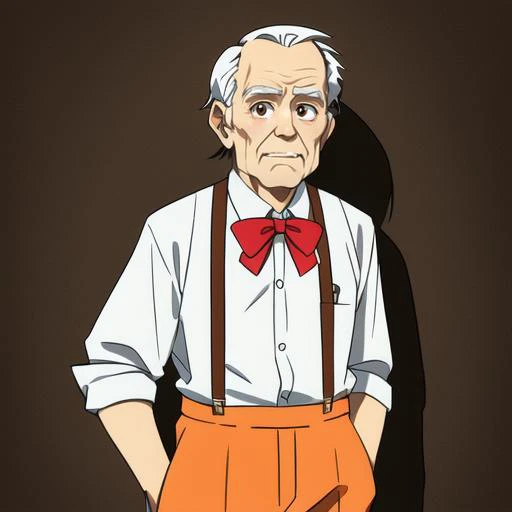 an old man with a bow tie and suspends standing in front of a wall