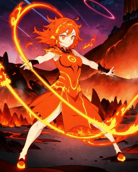 solo, 1girl, female focus, flame-colored hair, (orange eyes:1.2), fantasy attire, fire manipulation, dynamic stance, casting spell, playful smile, beautiful face, detailed eyes, full body, volcanic landscape, lava glow, masterpiece, ultra detailed, high qu...