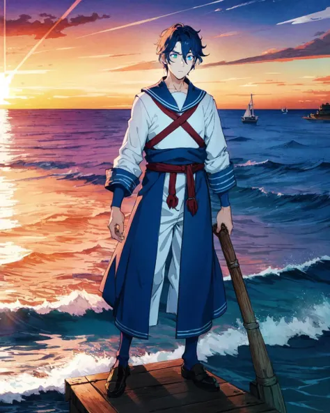 solo, 1male, male focus, sailor outfit, (blue eyes:1.2), weathered face, nautical accessories, steering ship, looking afar, determined expression, beautiful face, detailed eyes, full body, ocean horizon, sunset glow, masterpiece, ultra detailed, high quali...