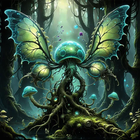 a painting of a fairy butterfly with a glowing orb in the forest