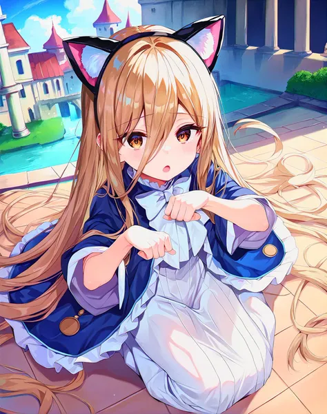 anime girl with long hair and cat ears sitting on the ground