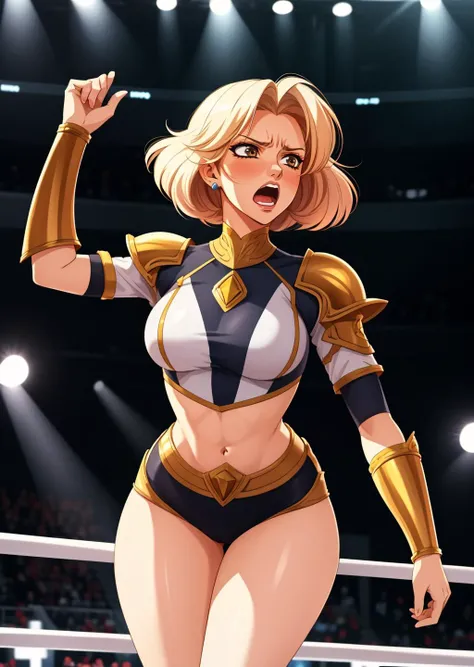 an illustration of a female gladiator rising in popularity in a grand arena, screaming, open mouth, angry, 
masterpiece, best quality, anime screencap, intricate detail    <hypernet:saltyxodiumStyle_v155000Steps:1>