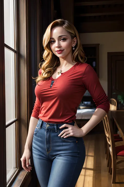 hdr, a beauty photo of tstrong, wearing a red shirt and tight mom jeans, hand on hip, posing, medium shot, looking at camera, seductive smile, indoors, bounce lighting, romantic ambiance, extremely detailed,