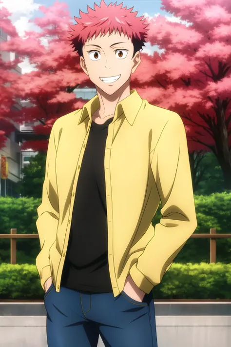 masterpiece, best quality, 1boy, solo, itadori_yuuji, jujutsu kaisen, cowboy shot, standing, hands in pockets, park, maple tree, looking at viewer, undercut, brown eyes, grin, (casual, tight, layered clothes, (yellow collared shirt), open shirt, black t-sh...