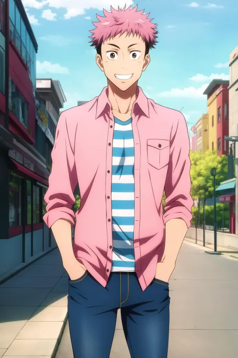 masterpiece, best quality, 1boy, solo, itadori_yuuji, jujutsu kaisen, cowboy shot, standing, hand in pocket, city, shop, street, looking at viewer, undercut, brown eyes, grin, (casual, (tight), layered clothes, (pink collared shirt), ((open shirt)), blue s...