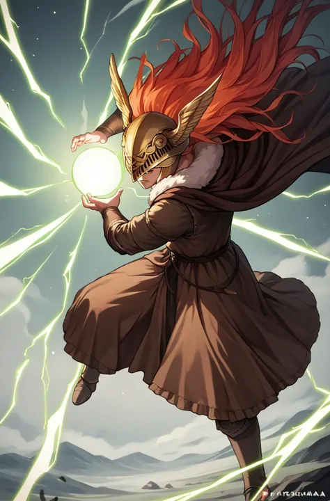 a woman in a brown dress holding a ball with lightning coming out of it