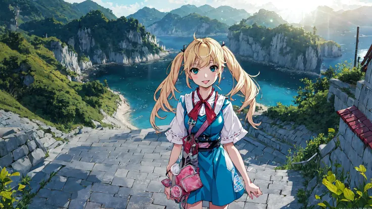 (4k wallpaper, absurdres, fantastic scenery, detailed background:0.7), (<lora:matsushimaMichiruFruit_v10:0.8:TT>matsushima michiru, twintails, blonde hair, :p, animal ears, medieval village, standing[::7], lens flare, <lora:seasonsLora72MB_v1Epoch4:0.8>sum...