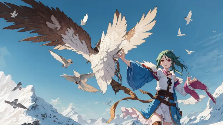 (4k wallpaper, absurdres, fantastic scenery, detailed background, :0.7)(colorful, abstract background, <lora:saya1:0.5:TT>saya (saya no uta), flat chest, trooping forward, bird, Snow Bunting, fantasy, fantasy clothes, adventurer, class: dawnstrider, best q...