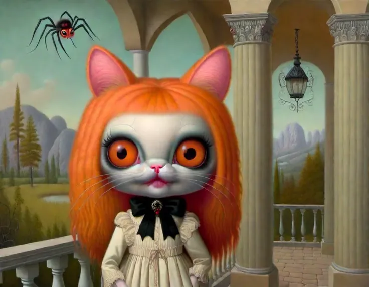 <lora:lowbrow_XL:1>, lowbrow, lowbrow-xl, surrealistic, absurd, bizarre, eerie, fanciful, fantastic and ludicrous, long shot, large spider with a cute cat head, orange cat eyes, on a gothic porch,