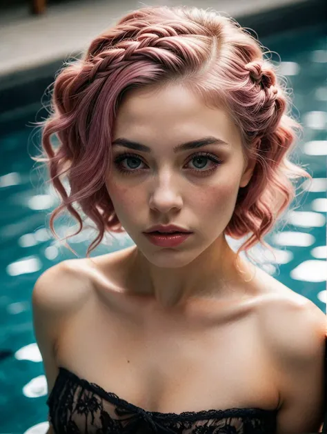 1woman, voluptuous spanish, cinematic modelshoot, romanticism, from above, Rose pink hair in braided haircut,
nude, Standing with one hand on the hip, looking confident
in an indoor pool
(solo, head shot photo:1.2), (direct flash with softbox:1.2) chiarosc...