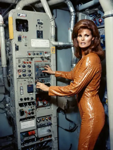 a close up of a woman in a shiny dress near a control panel