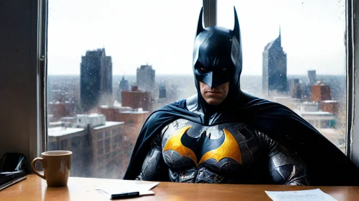 by Pegi Nicol MacLeod, (batman) in a boring office, looming, (staring out window:1.2), holding a coffee mug, desk, (dangerous, mysterious, powerful, extremely beautiful:1.4), (intricate details, masterpiece, best quality:1.4) , in the style of nicola samor...