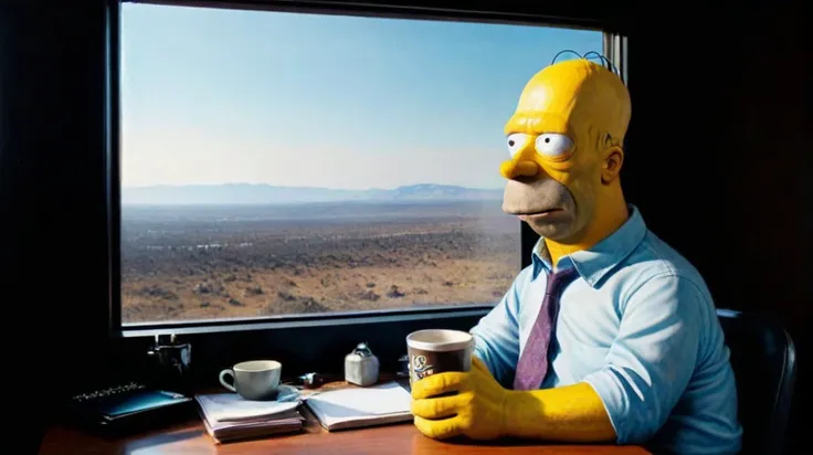 araffe dressed as homer simpson sitting at a desk with a cup of coffee